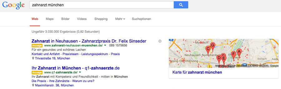 Suchmaschinenmarketing SEM SEA, Zahnarzt München